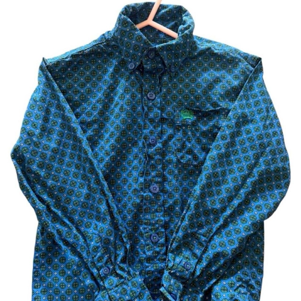 CINCH Blue & green button-up shirt with repeating geometric pattern Size 3T